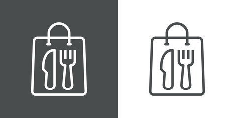 Comida para llevar. Bolsa con cubiertos. Logotipo bolsa de la compra con cuchillo y tenedor con lineas en fondo gris y fondo blanco