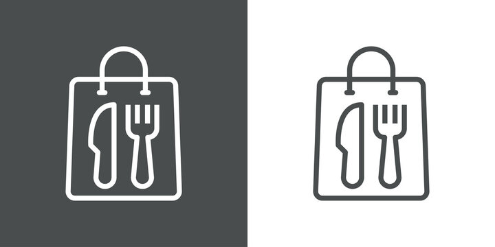 Comida para llevar. Bolsa con cubiertos. Logotipo bolsa de la compra con cuchillo y tenedor con lineas en fondo gris y fondo blanco