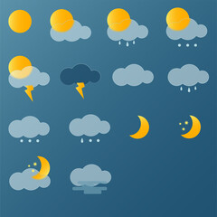 Icons set Weather 14 pcs., flat, sunny, rain, cloudy, fog, snow