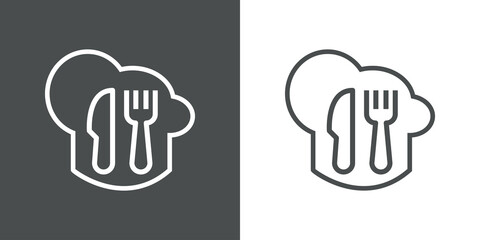 Logotipo gorro de cocinero con cubiertos con lineas en fondo gris y fondo blanco