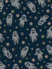 Festive template for halloween. A multi-colored image of ghosts and stars on a dark background.