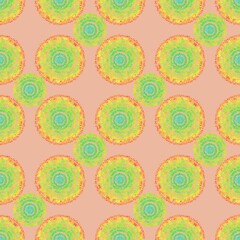 Seamless abstract geometry pattern. Simple background on yellow, blue, red, orange, green circles. Pink texture. Illustration. Designed for textile fabrics, wrapping paper, background, wallpaper, cove