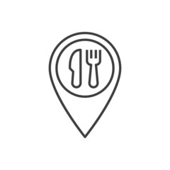 Buscar restaurante. Logotipo puntero de posición con cubiertos con lineas en color gris © teracreonte