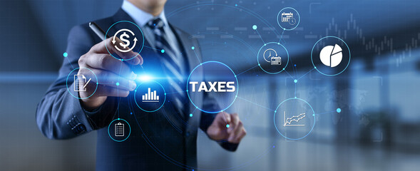 Tax payment. Businessman pressing button on screen.