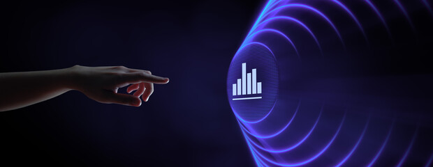 Obraz na płótnie Canvas Analysis Data Business Analytics. Hand pressing button on virtual screen.