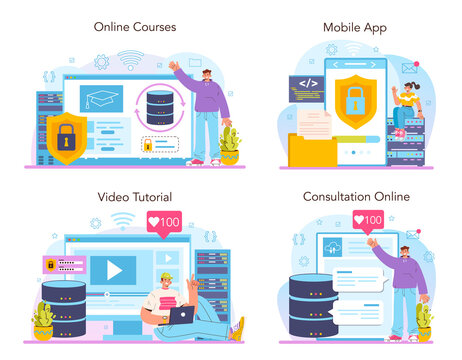 Data base administrator online service or platform set. Manager