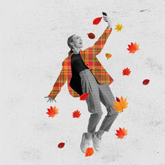 Contemporary art collage of woman in suit with drawn jacket taking selfie under falling autumn leaves isolated over textured gray background