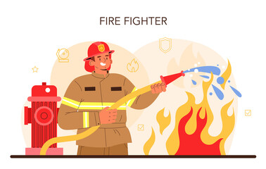 Firefighter concept. Professional fire brigade fighting with flame.
