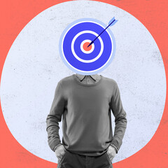 Contemporary art collage of man in casual clothes with target element instead head