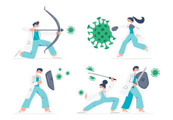 Fototapeta premium Doctors fight against modern viruses. Medicine protects the population from COVID-19. Vaccination, fight against diseases. Vector flat illustrations isolated on white background.