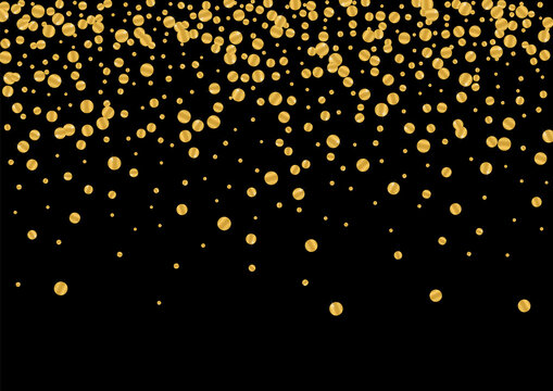 Golden Glow Circle Texture. Metallic Confetti Design. Gold Dot Wedding Background. Celebration Glitter Particles. Yellow Random Frame.