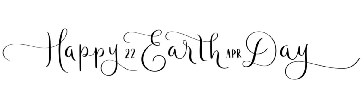 HAPPY EARTH DAY - 22 APRIL black vector brush calligraphy banner with flourishes on white background