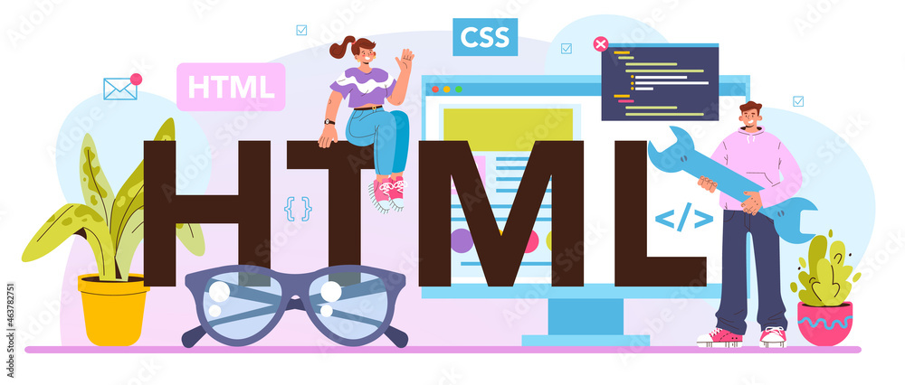 Poster html typographic header. website development process. digital