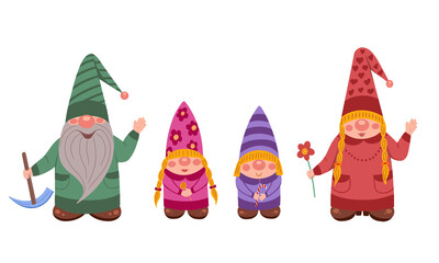 Little gnomes. Family of gnomes. Garden gnomes. Dwarf family. Vector illustration for printing, backgrounds, wallpapers, covers, packaging, greeting cards, posters, stickers, textile, seasonal design.