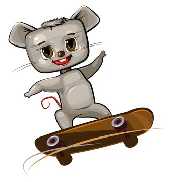 Little Mouse on skateboard. Cartoon style. Childrens urban sports. Cute baby skater rides on board. Skate for children. Isolated object on white background. Vector