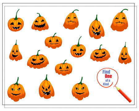 Cartoon illustration of the educational game Find a one-of-a-kind picture. pumpkins for halloween Vector