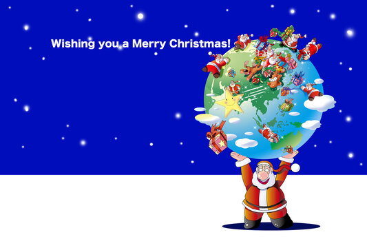 クリスマスカード、地球を駆け回るサンタクロース