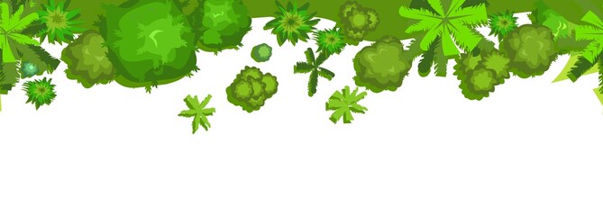 Jungle forest top view. Trees and shrubs. Horizontal seamless composition. Overgrown rainforest. Isolated on a white background. Cartoon style flat design. Illustration vector