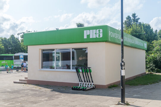 Wladyslawowo, Poland - July 21, 2021: Building of Pomeranian Car Communication (Pomorska Komunikacja Samochodowa, PKS).