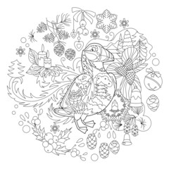 Cute bird puffin. Doodle style, black and white background. Funny animal, coloring book pages. Hand drawn illustration in zentangle style for children and adults, tattoo.