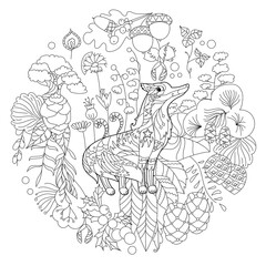 Naklejka premium Cute animal fox. Doodle style, black and white background. Funny animal, coloring book pages. Hand drawn illustration in zentangle style for children and adults, tattoo.