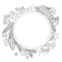 Contour linear illustration for coloring book with Christmas ball.  Traditional winter decoration,  anti stress picture. Line art design for adult or kids  in zen-tangle style and coloring page.