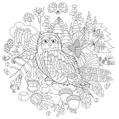 Cute bird owl in forest. Doodle style, black and white background. Funny animal, coloring book pages. Hand drawn illustration in zentangle style for children and adults, tattoo.