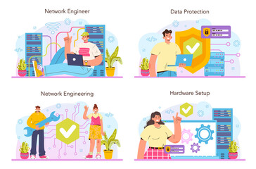 Fototapeta premium Network engineer concept set. Specialist setting up, developing