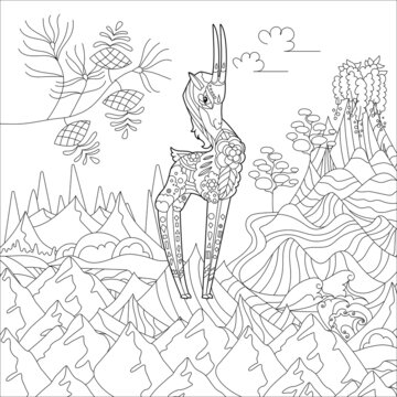 Cute animal ibex near mountains. Doodle style, black and white background. Funny animal, coloring book pages. Hand drawn illustration in zentangle style for children and adults, tattoo.