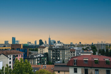 Fototapeta na wymiar Milan skyline, Italy. Panoramic view of Milano city with Porta Nuova business district. Milan Skyline with modern skyscapers