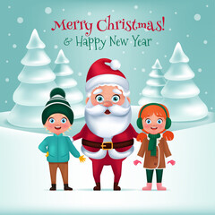 Santa Claus with children on winter frozen forest background. Christmas greeting card. Vector illustration in cartoon style