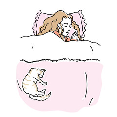 ベッドで猫と眠る女性