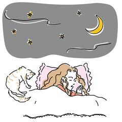ベッドで猫と眠る女性