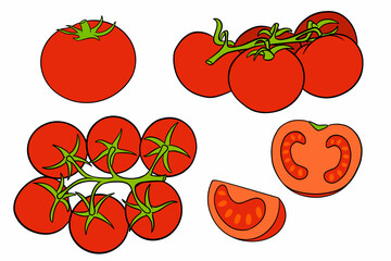 Tomatoes set. Fresh tomatoes, tomatoes on a branch, a wedge and a half.
