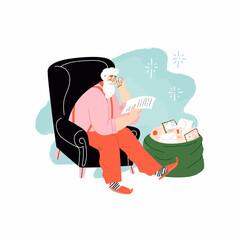 Santa Klaus reading letters from children. Kids dreams, north country. Flat style in vector illustration.  Happy New Year, Merry Christmas. A kind grandfather with a white beard in red pants.