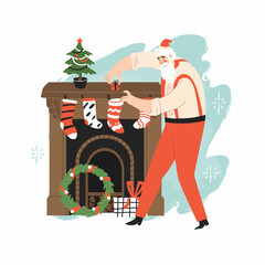 Santa Klaus put the little present in the sock on the fireplace. Flat style in vector illustration. Isolated on white background. Happy New Year, Christmas tree. A kind grandfather with a white beard.