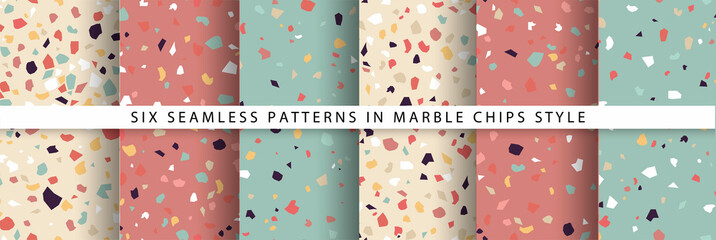 Collection with six seamless patterns in Marble chips style. Terrazzo flooring. Decorative texture. Abstract background. Simple shapes. Vector illustration. Natural stone, material, surface.