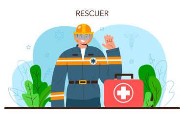 Rescuer. Emergency help, ambulance lifeguard in uniform assisting