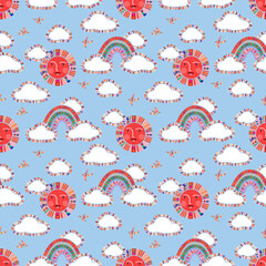 Seamless Pattern of Sky with Clouds.	 - 463786361