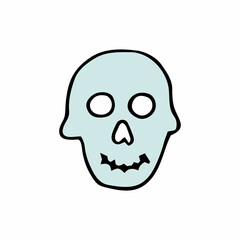 Doodle Halloween scull. Smiling Skeleton isolated on white background. Hand-drawn scary cranium. Mystical sketch character. Vector bone illustration for spooky autumn holidays, The day of the Dead