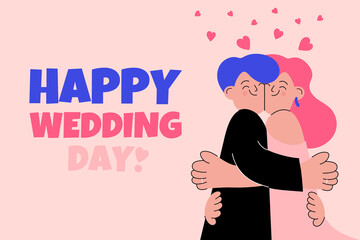 Cute greeting card, illustration with wedding day in a style of a doodle with hand drawn by man characters in a suit and a woman in a wedding dress with wedding rings. 