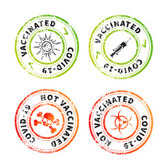 Vaccinated and not, red and green vintage round grunge stamp imprints on white