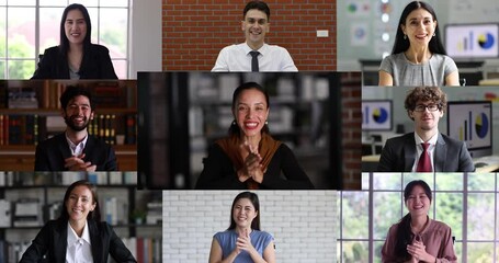 Diverse group business people participate in webinar lectures, online conferences. Multiracial, mixed ethnic businesspeople using internet meeting app talking and clapping hands with happy.