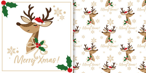 Christmas holiday season banner with Merry Xmas text and seamless pattern of cute reindeer wear ribbons with holly berry branches on white color background with snowflakes. Vector illustration. © NiiNew