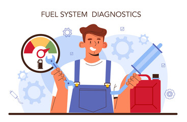 Car service. Mechanic in uniform check a fuel vehicle systems