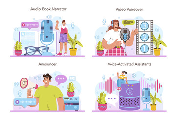 Voiceover concept set. Voice actor dubbing a movie or series. Audio book