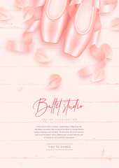 Ballet studio vertical banner with realistic detailed ballet pointe shoes fashion pair on a pink wooden background. Vector illustration of traditional footwear ballerina © AM_art