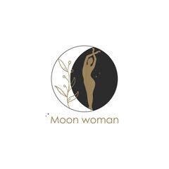 Fashion beauty moon logo template. Minamalism style moon logotype. logo design illustration. Woman doing yoga Silhouette at Sunset or Moon Elegant with leaves. Luxury. Balance