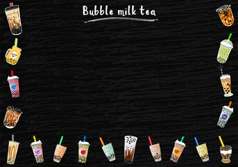 Bubble milk tea, Pearl milk tea , Different sorts of Boba. Yummy drinks. Ads with delicious tapioca.  Restaurant cafe menu, template design. Food flyer. Chalk board, retro menu restaurant poster. 