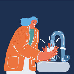 Vector illustration of woman washing her hands with soap under tap over dark backround.